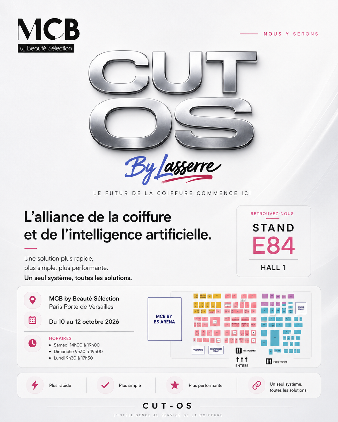 Affiche officielle CUT-OS au MCB by Beauté Sélection 2026 — Stand E84, Hall 1, Paris Porte de Versailles, du 10 au 12 octobre 2026
